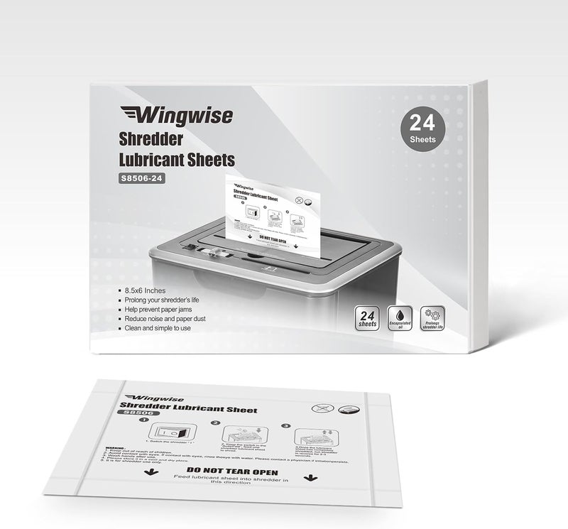 Wingwise 24-Pack Shredder Lubricant Sheets, 8.5 x 6 Inches, Sharpens Blades & Prevents Jams, Mess-Free Maintenance for Home and Office Use - Image 1